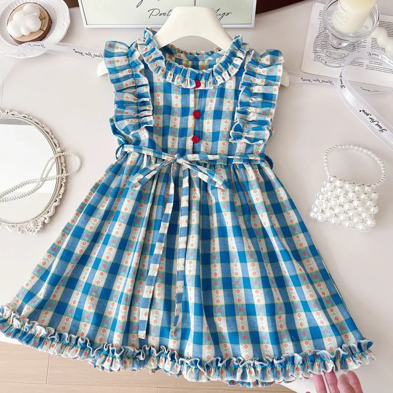 2024 So Beautiful Plaid Dress+hat Baby Girls Fashion Lace Belt Summer Birthday Princess Dresses Kids Children Vestidos Clothes