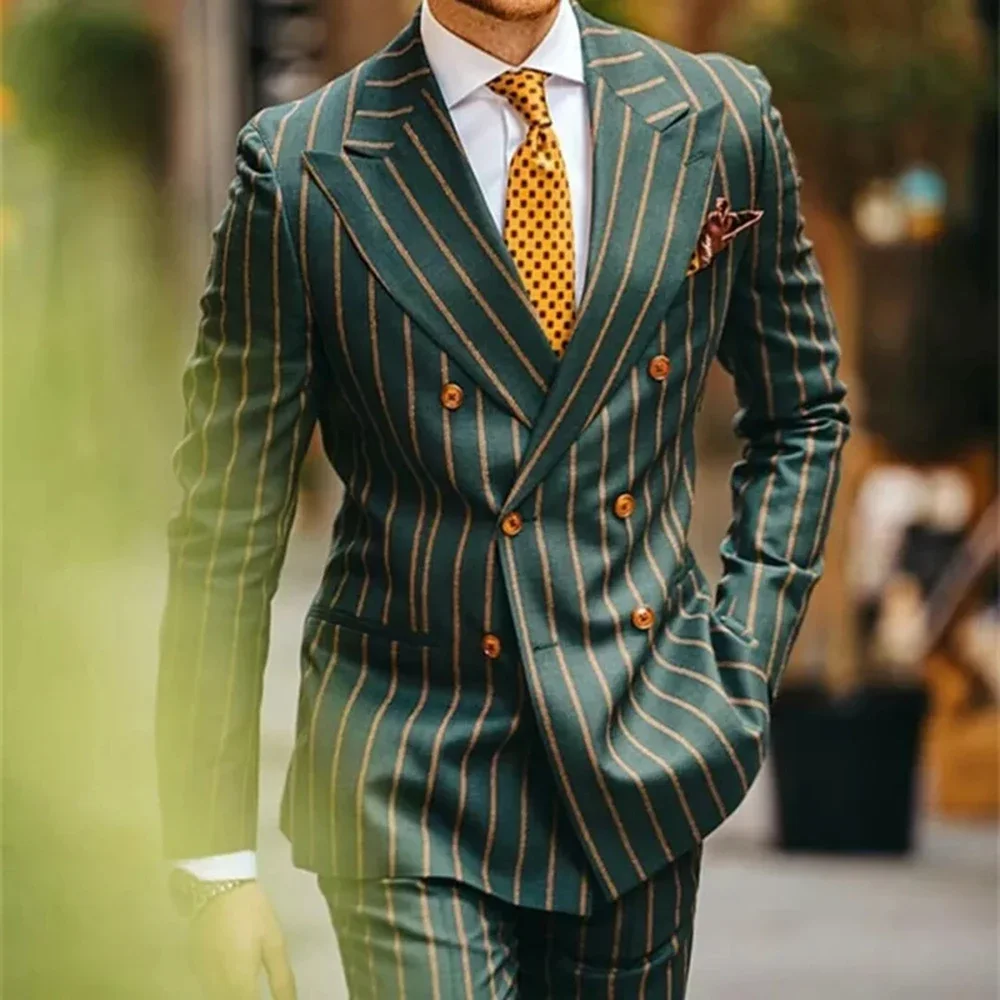 Navy Blue Orange Stripe Double Breasted Design Luxury Brand Suit 2 Pieces Blazer Trousers Men'S Sets Wedding Clothing Party Wear