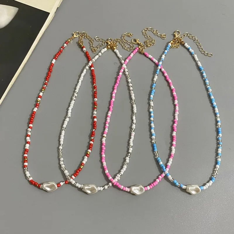 Fashion Boho Beads Necklace Women Imitation Pearl Seed Beaded Strand Short Choker Necklace Handmade Female Jewelry Wholesale image 3