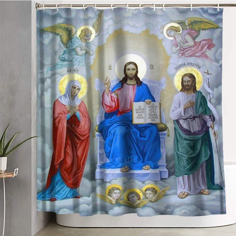 Jesus With His Kingdom Lion And Lambs Christian Cross Religious Icons The Holy Three Polyester Shower Curtain By Ho Me Lili