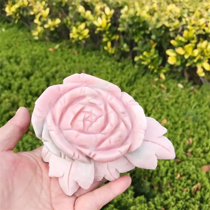 11.5CM Natural Pink Opal Flower Hand Crystal Carving Healing Stones Reiki Gifts Quartz Home Decoration 1PCS