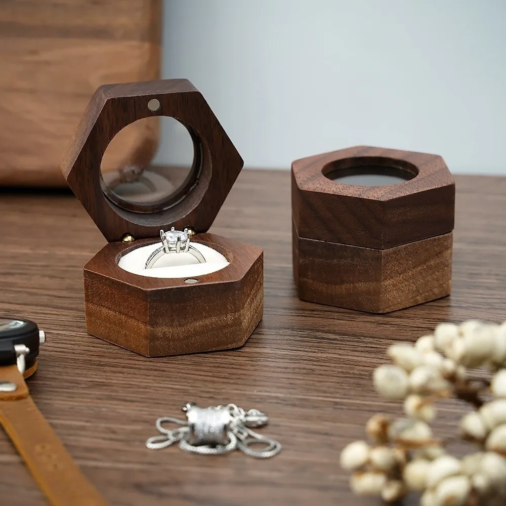 Classic Retro Wooden Jewelry Box Hexagon Velvet Lining Ring Storage Holder Couples Ring Box Engagement Gift
