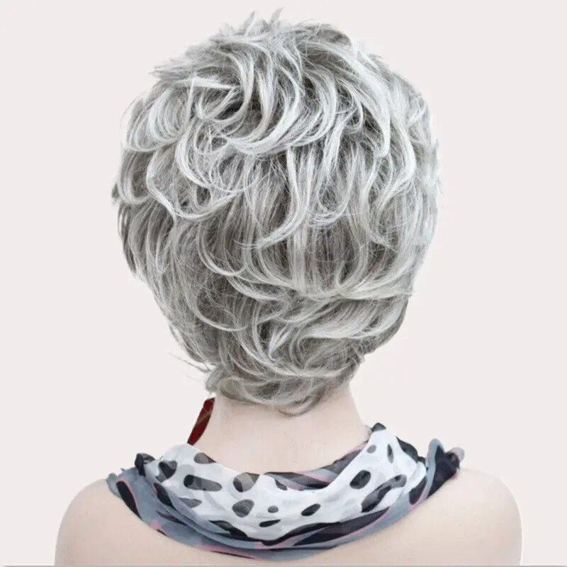 Synthetic Short Gray Gradient Curly for Seniors Fluffy Hairpieces