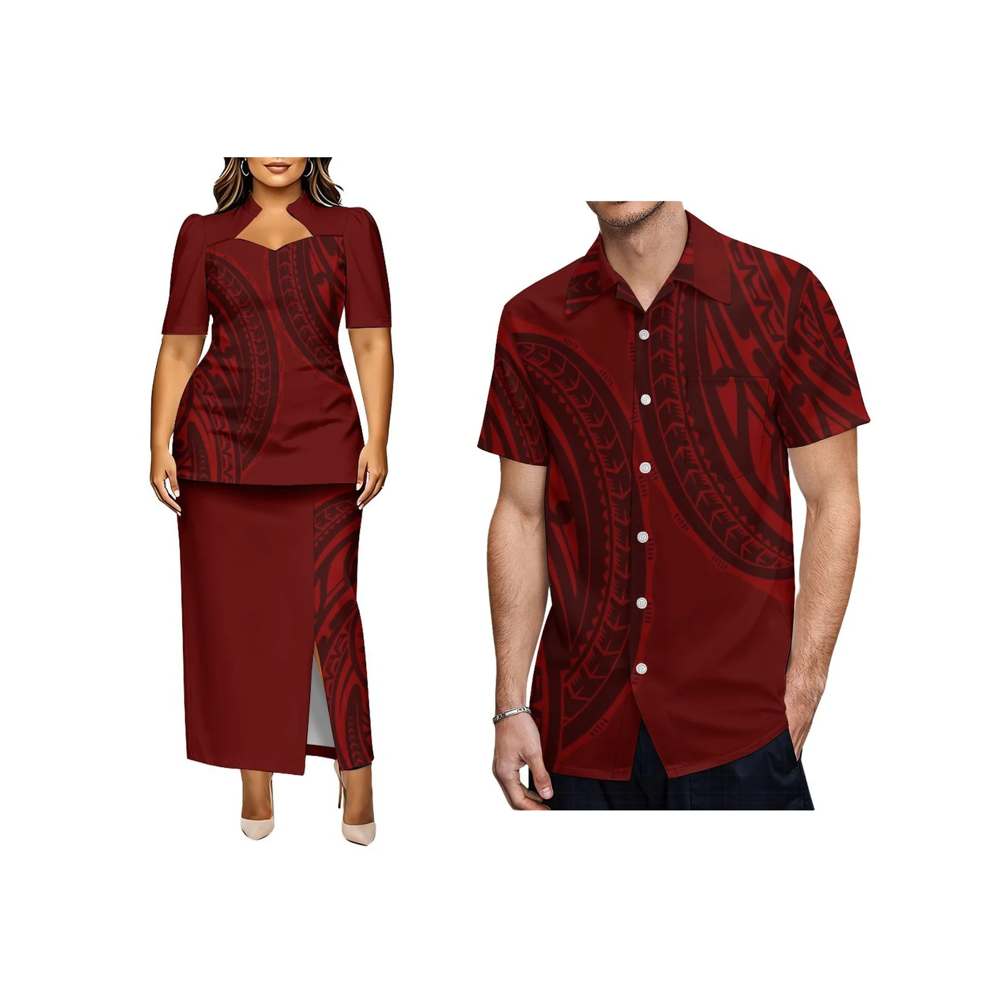 Polynesian Tribal Floral Block Puletasi 2 Piece Outfit Ladies Short Sleeve Keyhole Neck Top Slit Long Skirt Pacific Island Wear