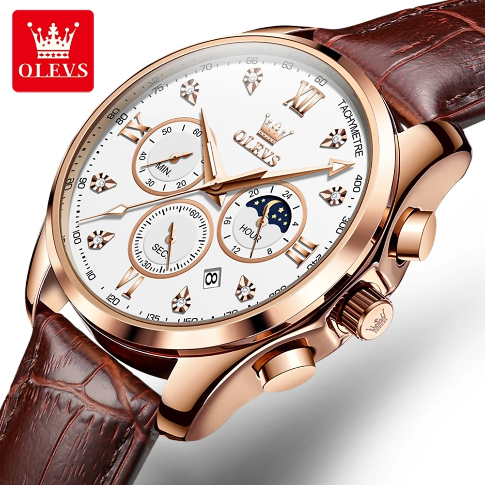 

OLEVS 2888 Sport Quartz Watch Gift Genuine Leather Watchband Round-dial Chronograph Calendar Luminous