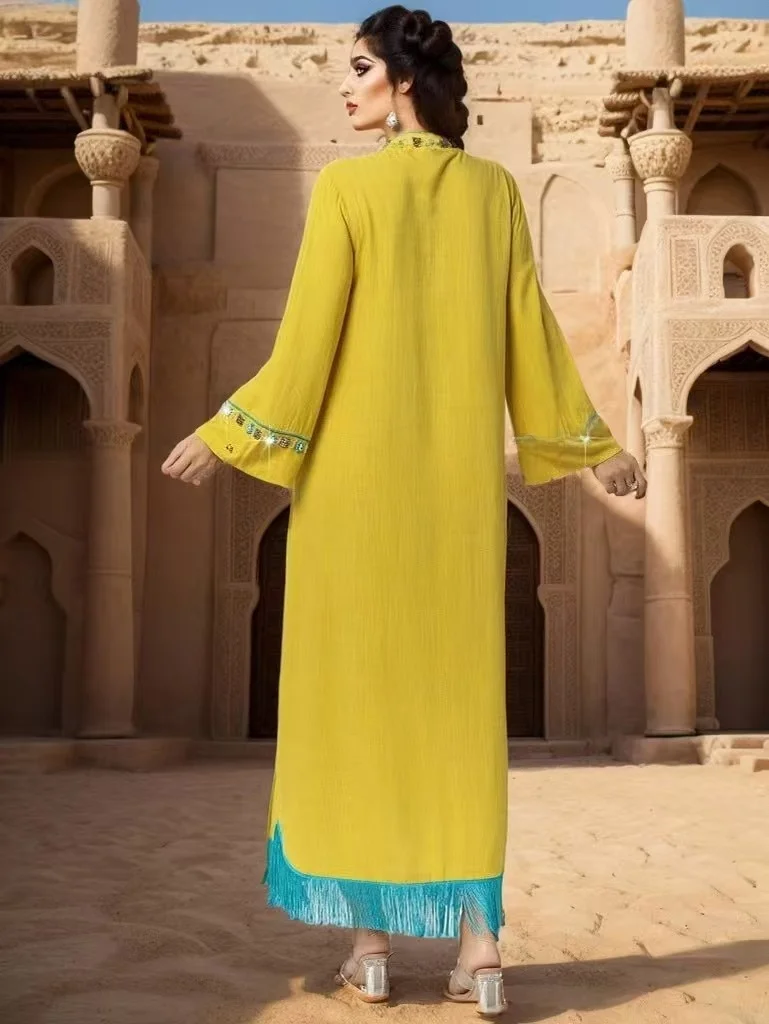 Sukienka z Bliskiego Wschodu, ręcznie robiona, wysadzana diamentami, długa, z frędzlami, model Dr Ele, z wysokim stanem, w kształcie litery A, do noszenia na co dzień.