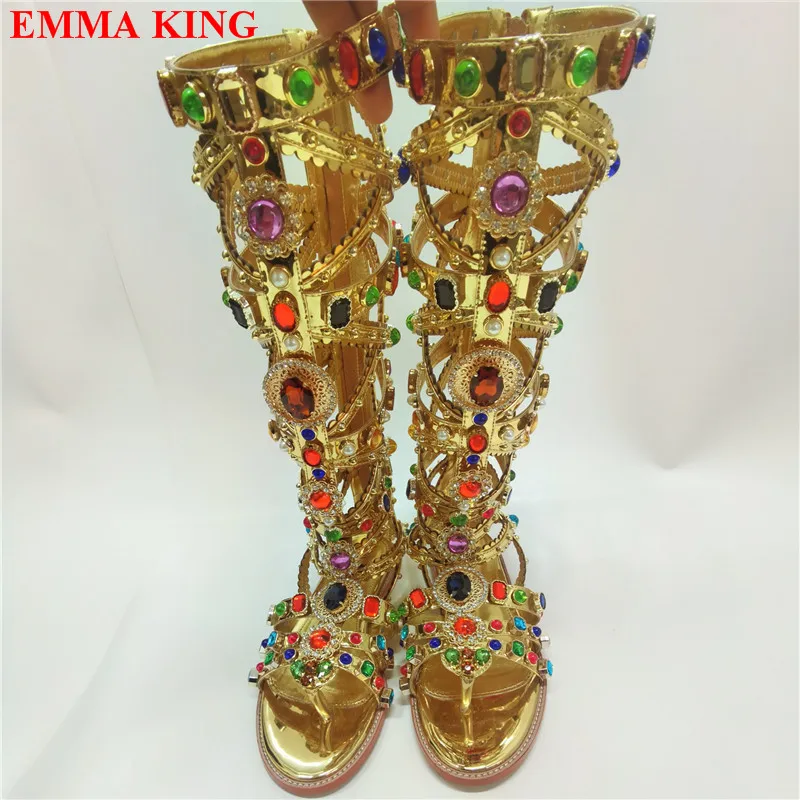 

Luxury Designer Rhinestone Open Toe Sandals Boots Women Roman Crystal Knee High Boots Hollow Out Gladiator Sandals Flat Shoes