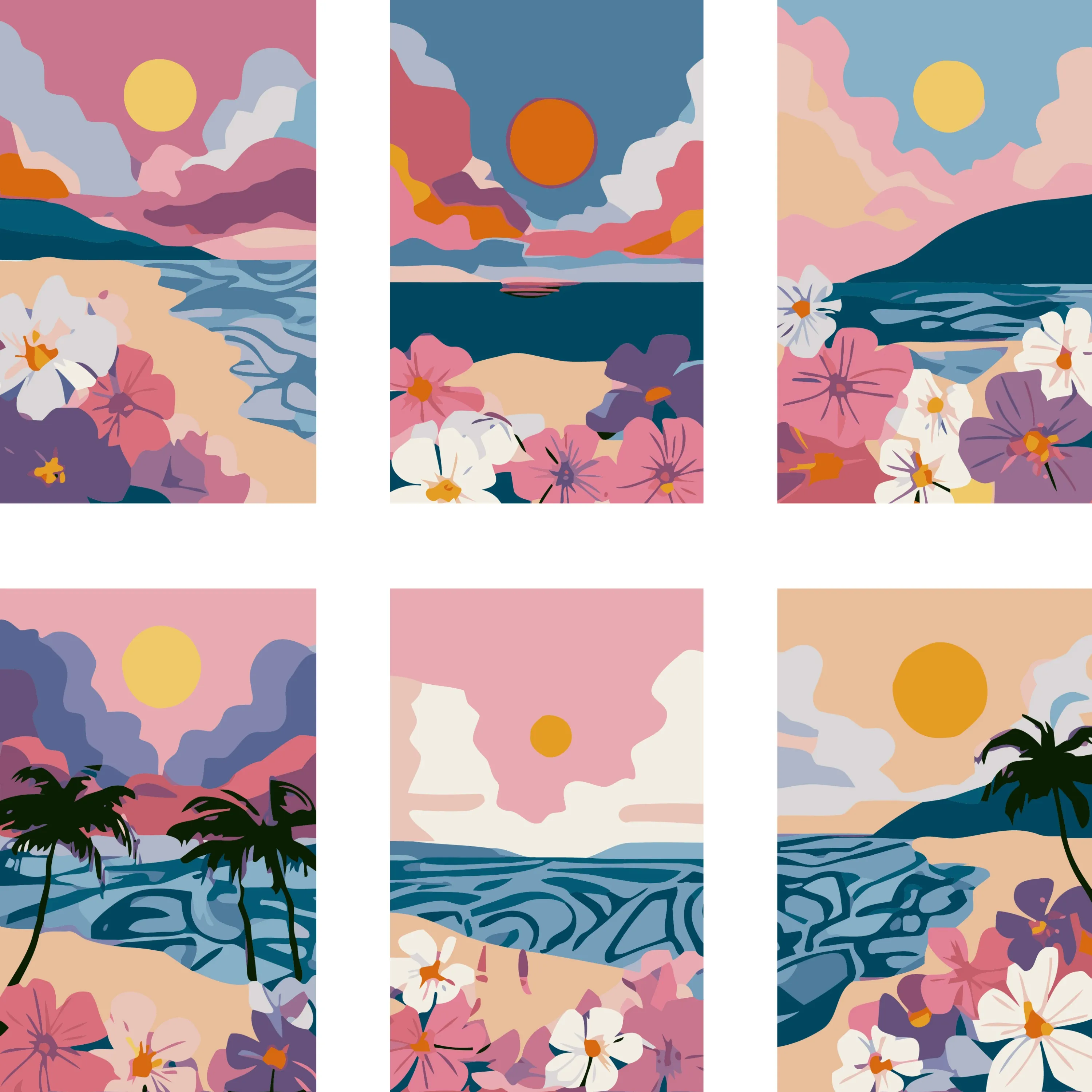 6 Stücke DIY-Malereien mit Motiven wie Sonnenuntergang, Kokospalmen, Meereswellen und Blumen, geeignet zur Wanddekoration im Haus. – Detail 2