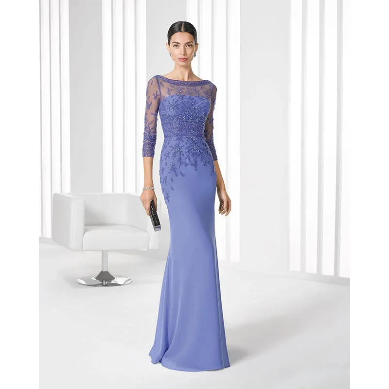 Exquisite Appliqued Sequins Mother Of The Bride Dresses Satin Three-quarter sleeves Floor-Length Wedding Guest Dresses 2024