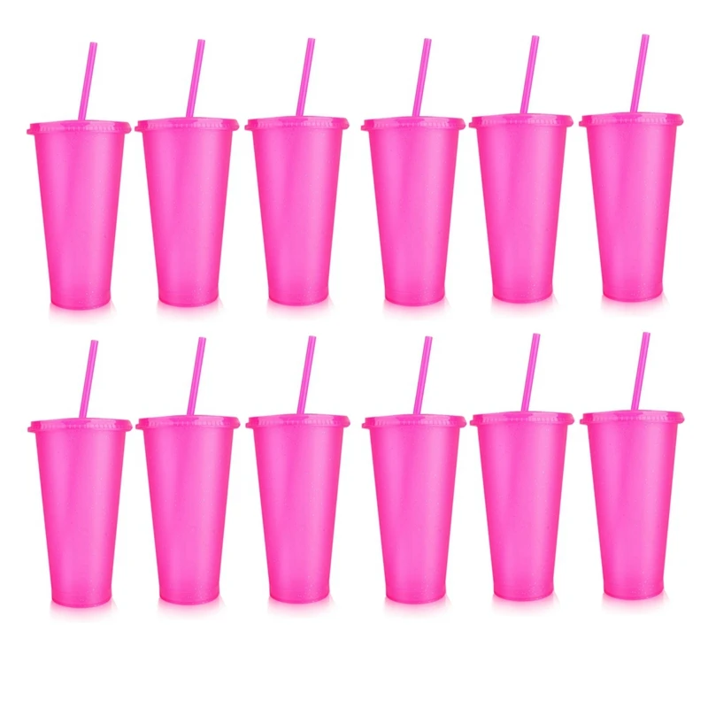 12 Pieces Reusable Cups With Lids And Straws, 24 Oz Glitter Plastic Cup For Birthday Party, Smoothie Juices Beach Party