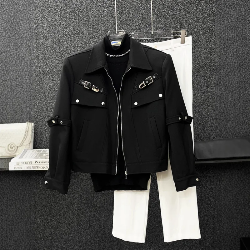 2025 American Fashion Spring and Autumn Zipper Short Padded Shoulder Coat Personalized Design Jacket Men's New Black