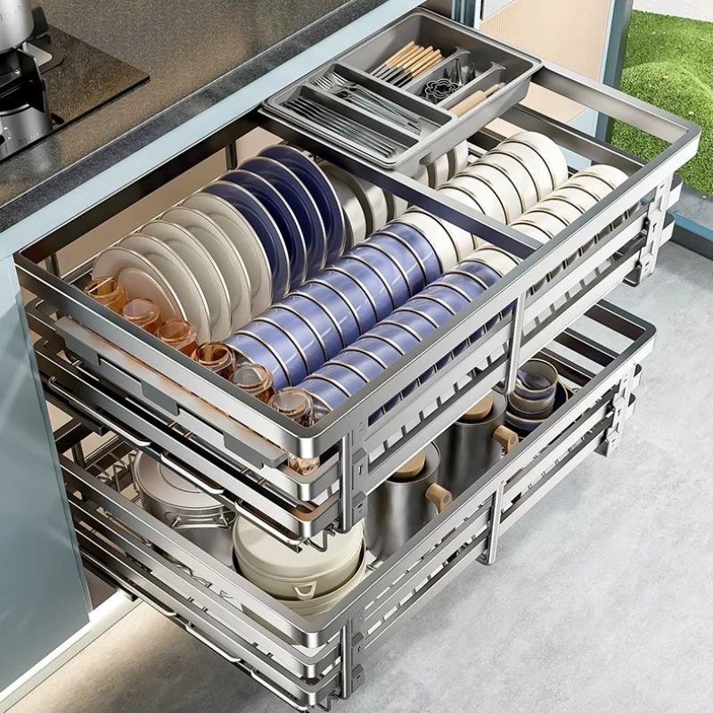 Kitchen Pull-Out Cabinet Basket, Large Capacity Dish Drying Rack, Double Layer Bowl & Chopstick Storage Organizer Drawer