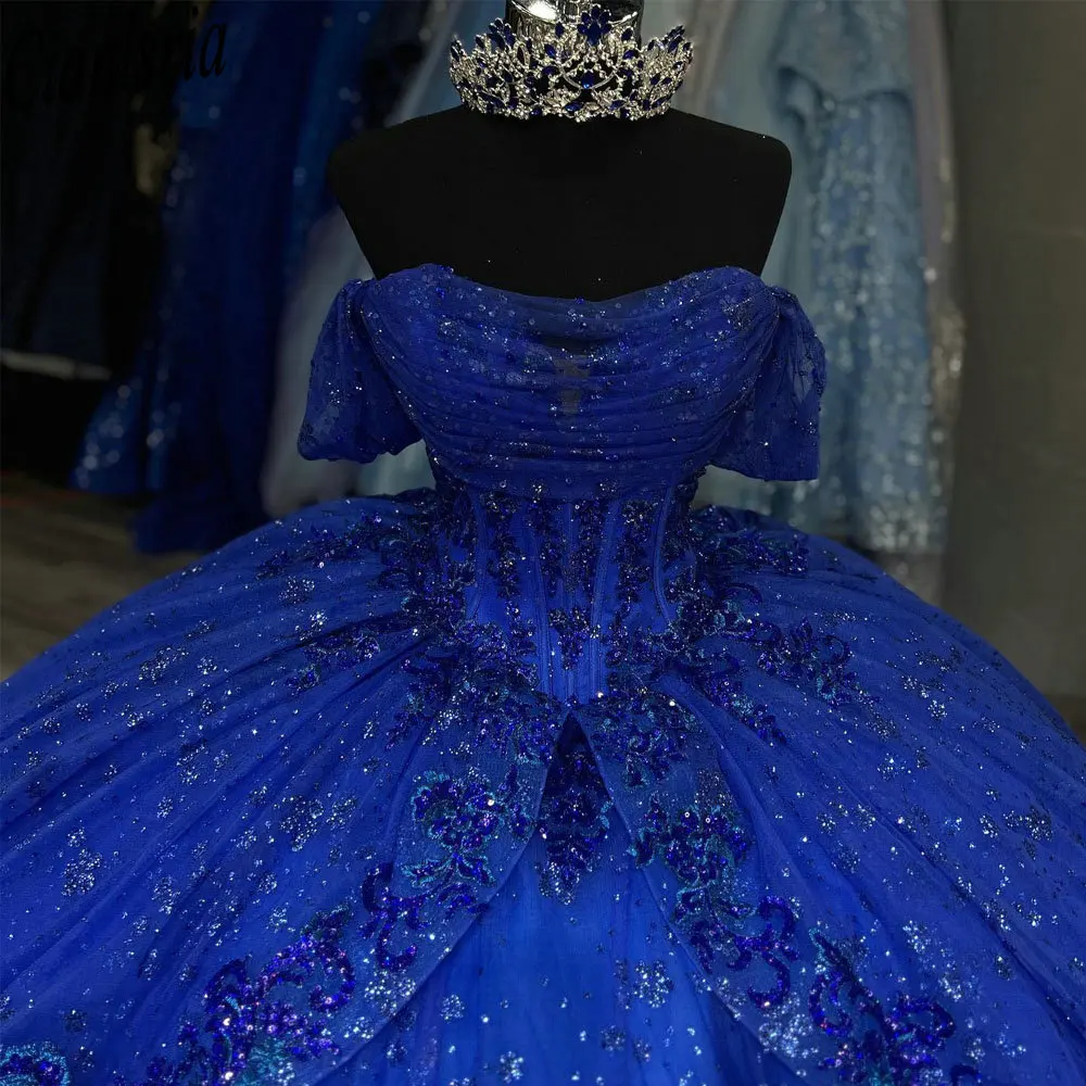 Vestido De quinceañera azul real con lentejuelas brillantes, De encaje vestido De baile De cristal, corsé con volantes y hombros descubiertos, Años XV