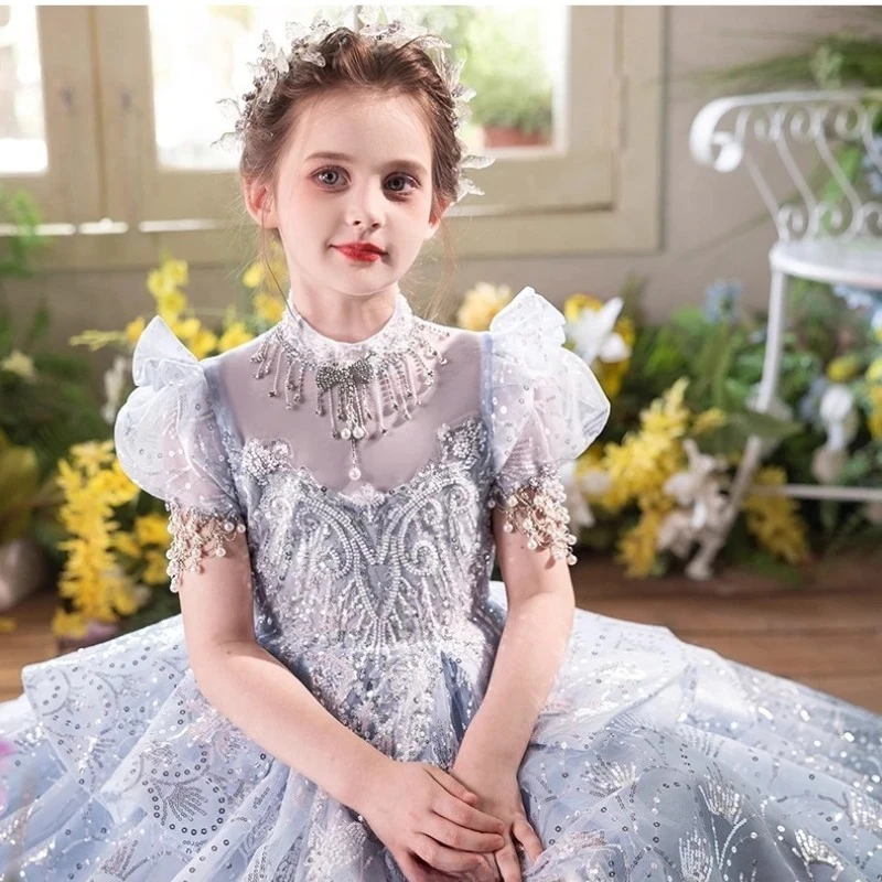 Abito lungo di lusso per bambini, ragazze, principessa, compleanno, costume, fiore, ospite, pianoforte, performance, vestito, ragazza, abiti da sposa, bambini