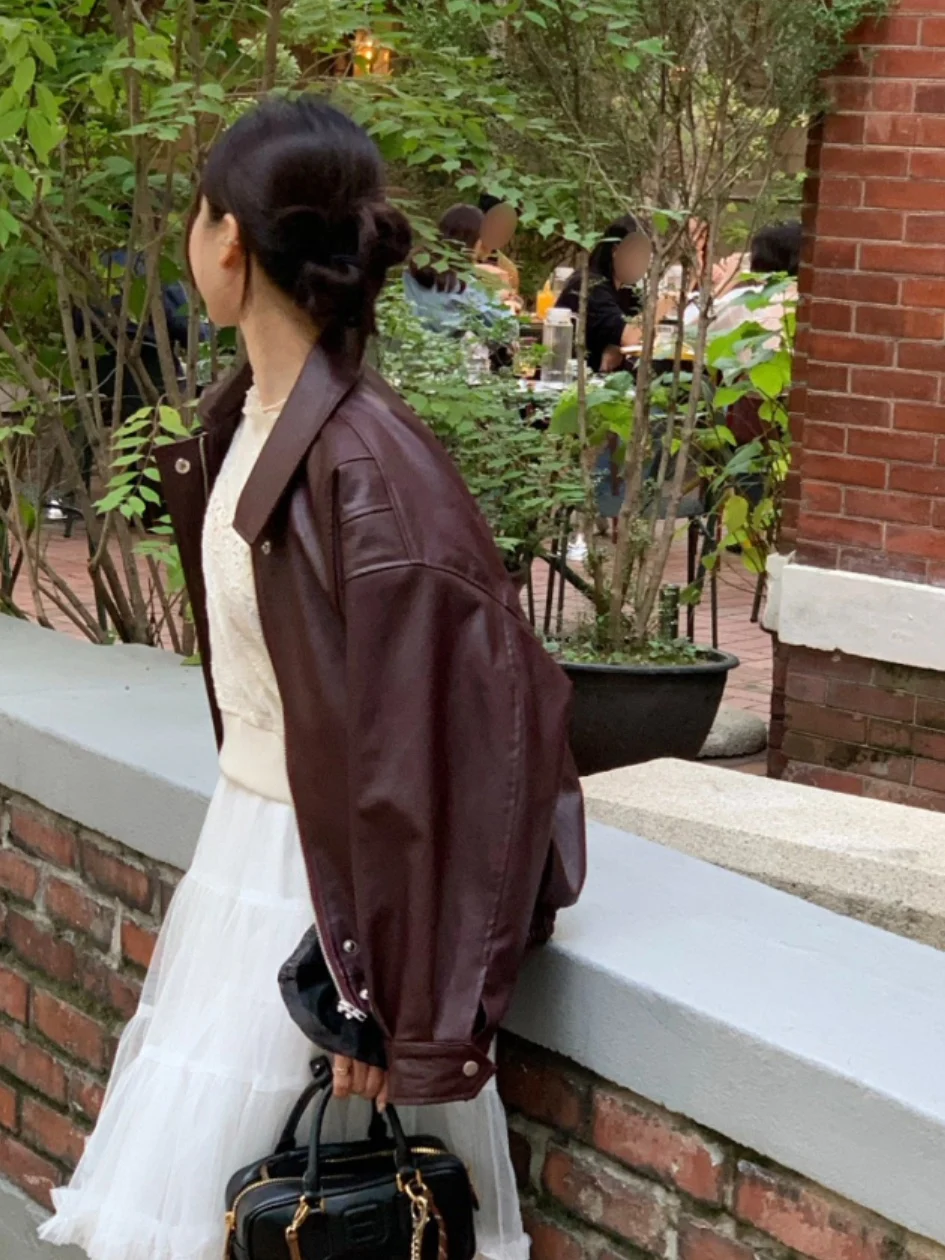 High-End Retro Lapel Neutral Casual Motorcycle Jaet PU Leather Women's Korean Sle Versatile Bla Outerwear