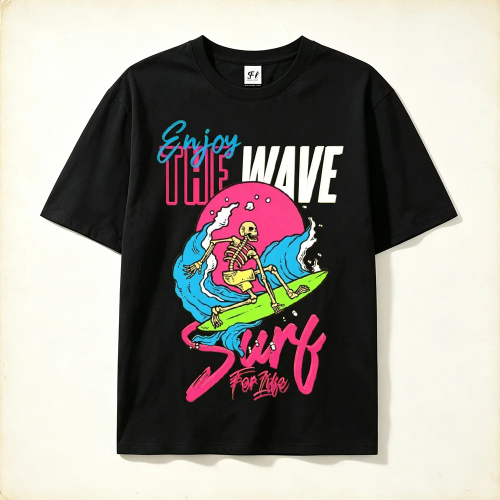 Unisex Skeleton Surfing Graphic T‑Shirt Enjoy The Wave Retro Surf Tees Casual Short Sleeve Summer Loose Streetwear Cotton Tops