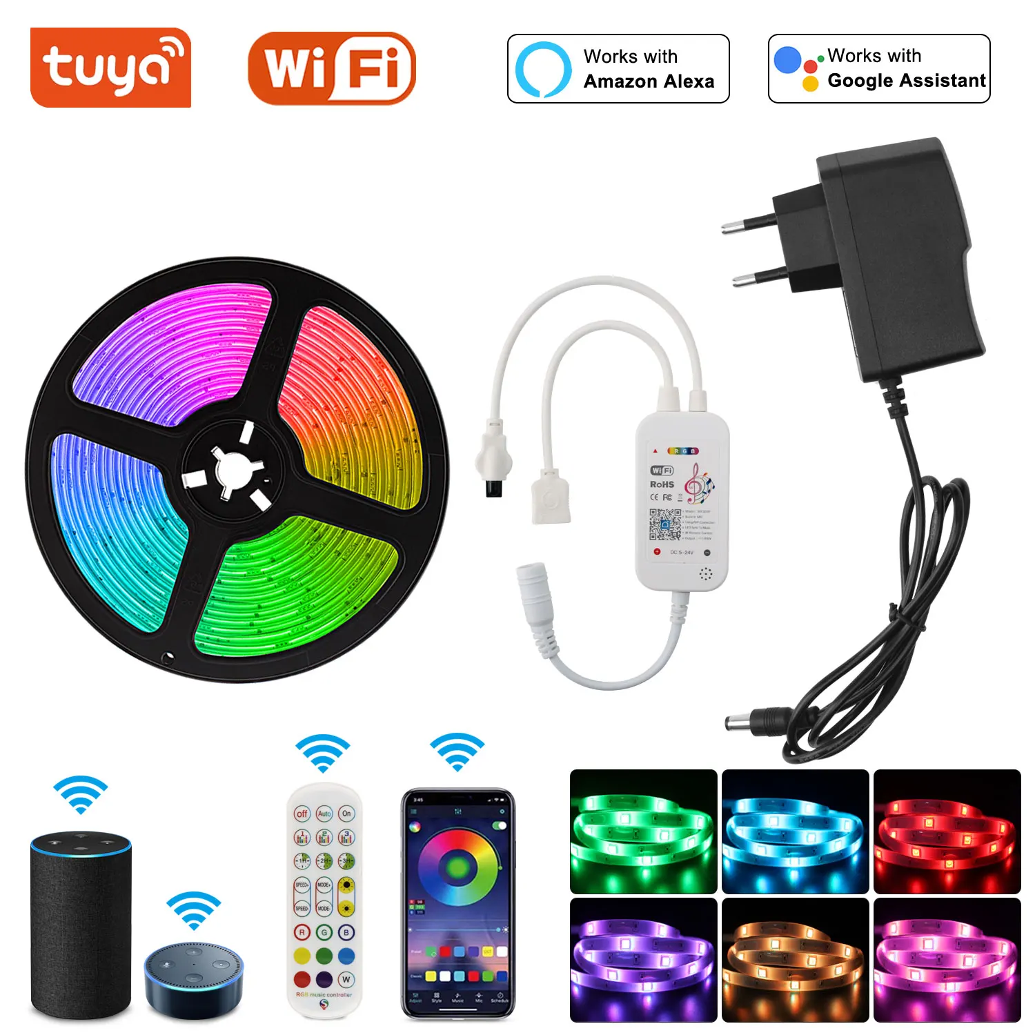 5M 10M 20M Tuya WiFi Smart LED Strip Light DC 12V 5050 Ribbon Work with Alexa Voice Control RGB Tape Color Change Bedroom Decor