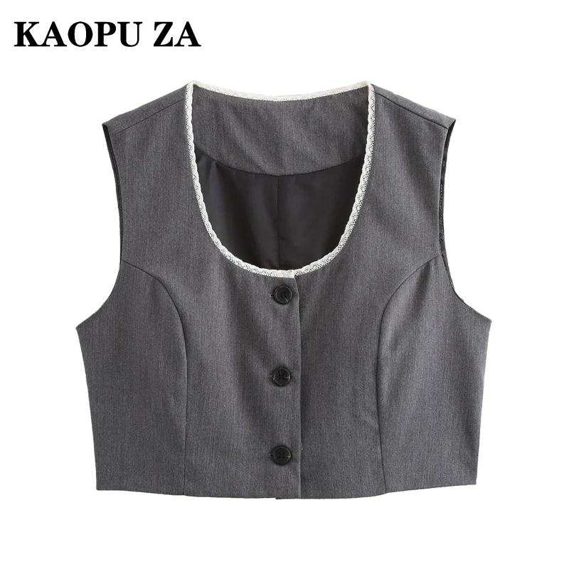 KAOPU ZA 2024 Autumn New Lady Sophisticated Waistcoat Gilet Fashion Woman Grey Sleeveless Vest Ruffles Regular Fit O-Collar Top