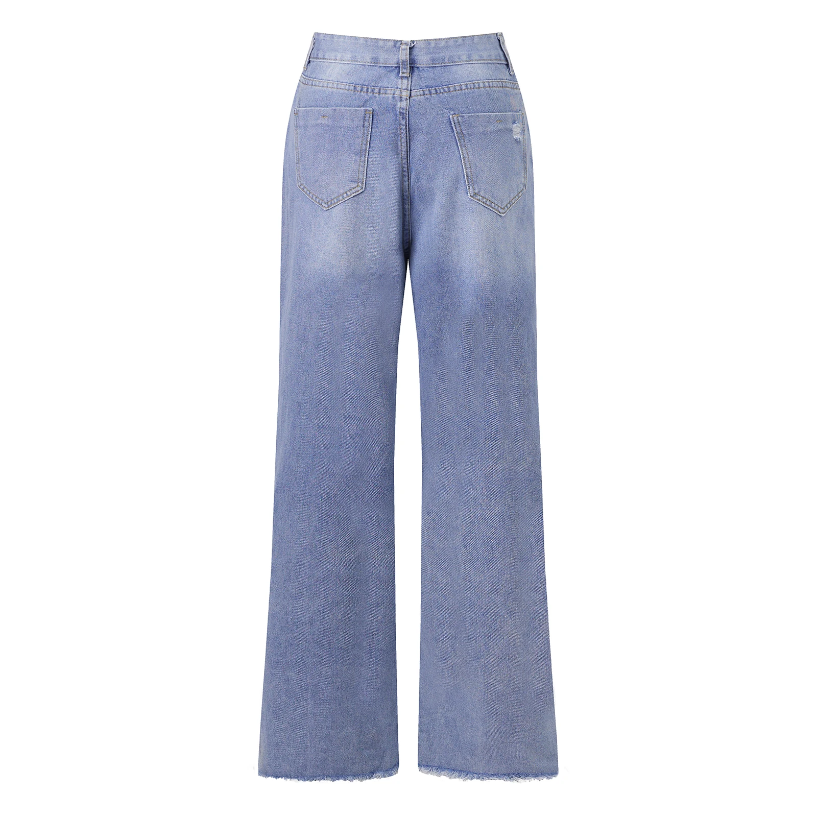 Basic Women's Wide Leg Button Denim Pants Fashion High Waist Loose Fit Ripped Jeans Casual Trousers