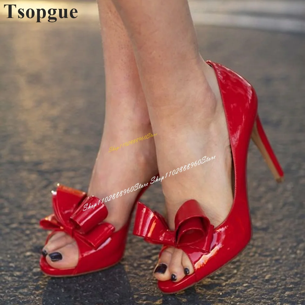 Side Empty Patent Leather Red Bowknot Decoration Pumps Thin High Heel Women Shoes Slip On Peep Toe 2024 Sexy Zapatos Para Mujere