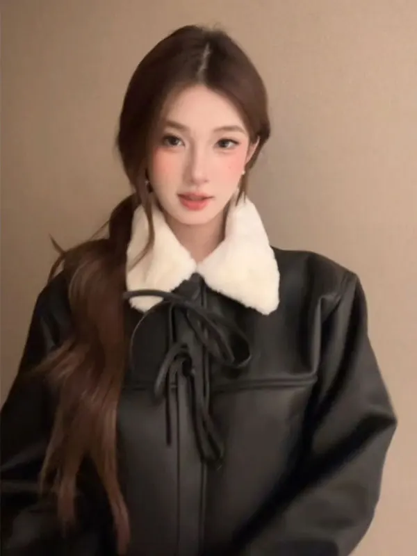 Manteau en cuir tendance coupe ample style américain avec col rabattu rétro – Vêtement d'extérieur élégant pour l'automne