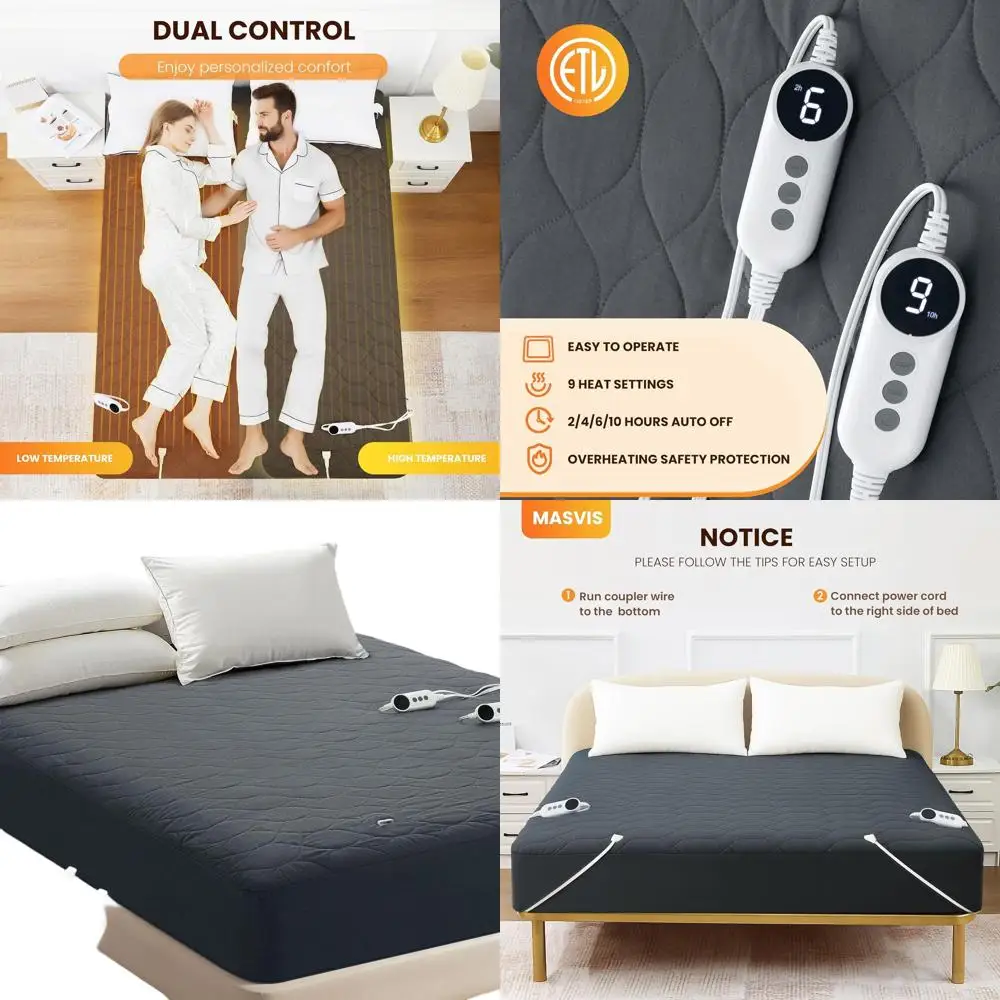 

Queen Size Heated Mattress Pad with Dual Controls, 6 Heat Levels & 10-Hour Auto-Off, Quilted Electric Cover, Grey, 60x80