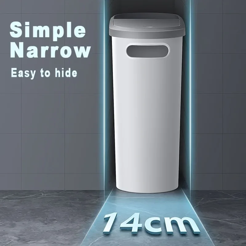 10L Large Press-Type Bathroom Trash Can - Space-Saving Gap Design, Sleek Garbage Bin with Lid - Essential Home Cleaning Tool