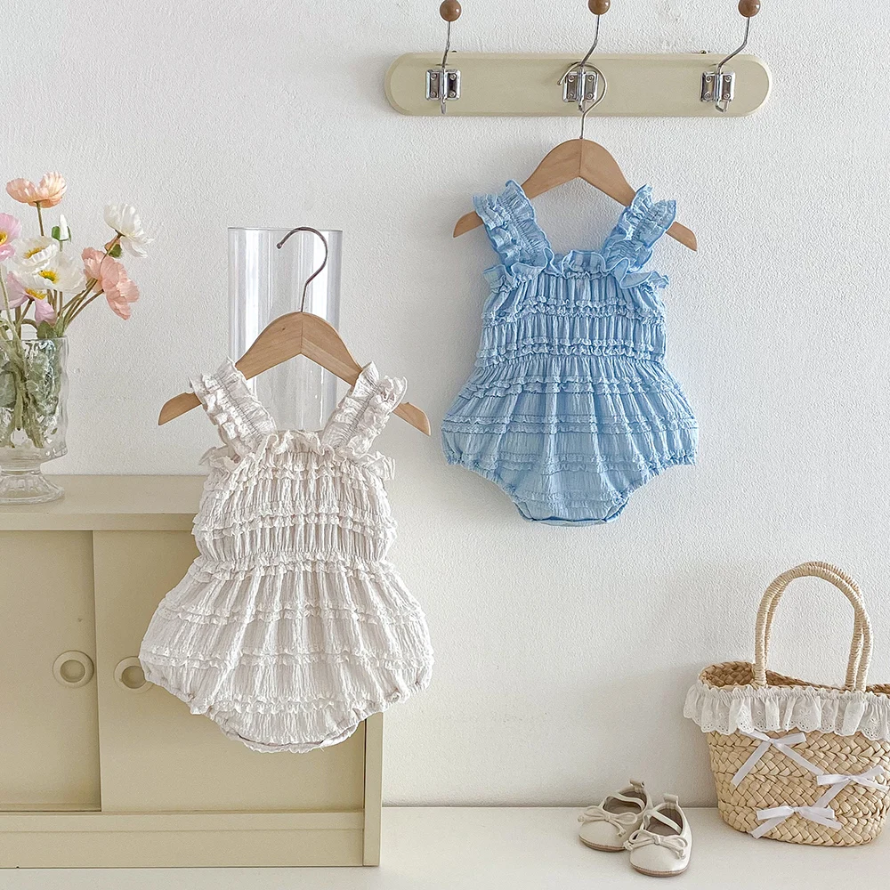 

Комбинезон для новорожденных девочек, летний хлопковый комбинезон без рукавов с копчиками, одежда для малышей, повседневные комбинезоны с оборками для детей 0-24 месяцев