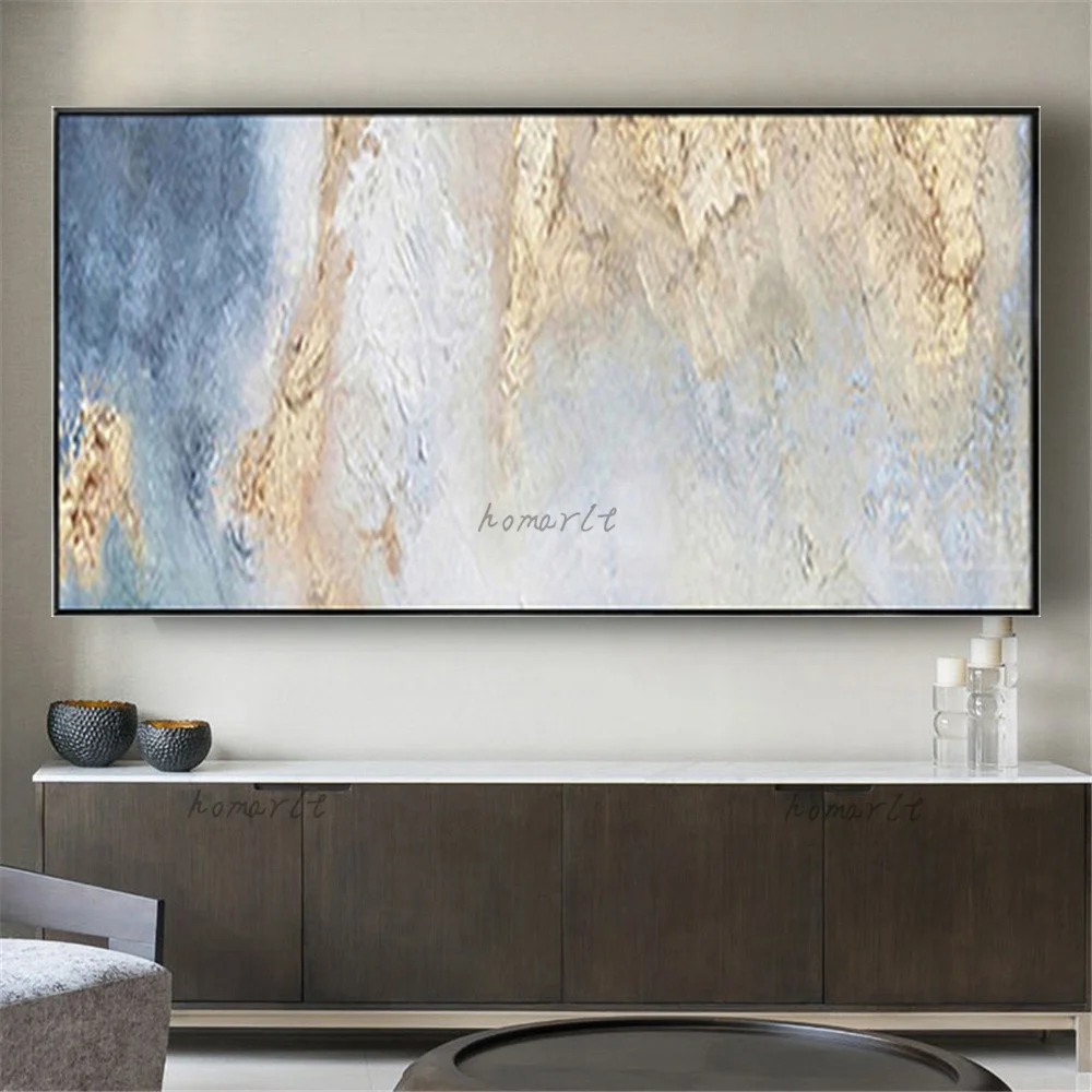 

100% Hand-Painted Abstract Oil Painting Gold Foil Drawing Decor Home Modern Living Room Sea Wave Mural Wall Art Hanging Poster