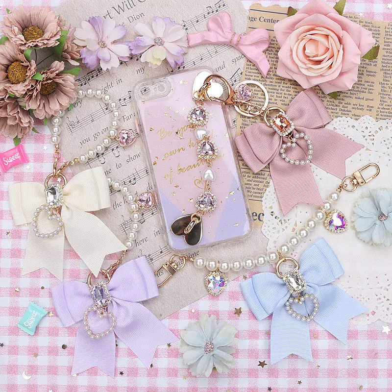 

Y2K Lolita Phone Charm Chain Handmade Kawaii Phone Chain with Rhinestone Heart Bow Cute Japanese JK Unique Phone Case