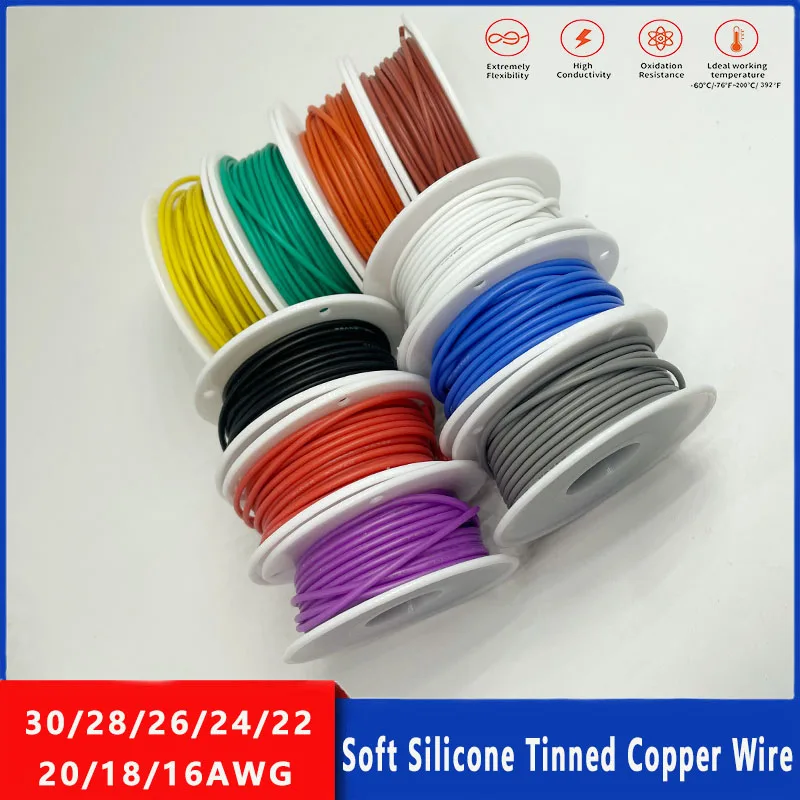 30awg 28awg 26awg 24awg 22awg 20awg 18awg 17 16AWG Stranded Spools Every 10 Colours Soft Silicone Tinned Copper Connecting Wire