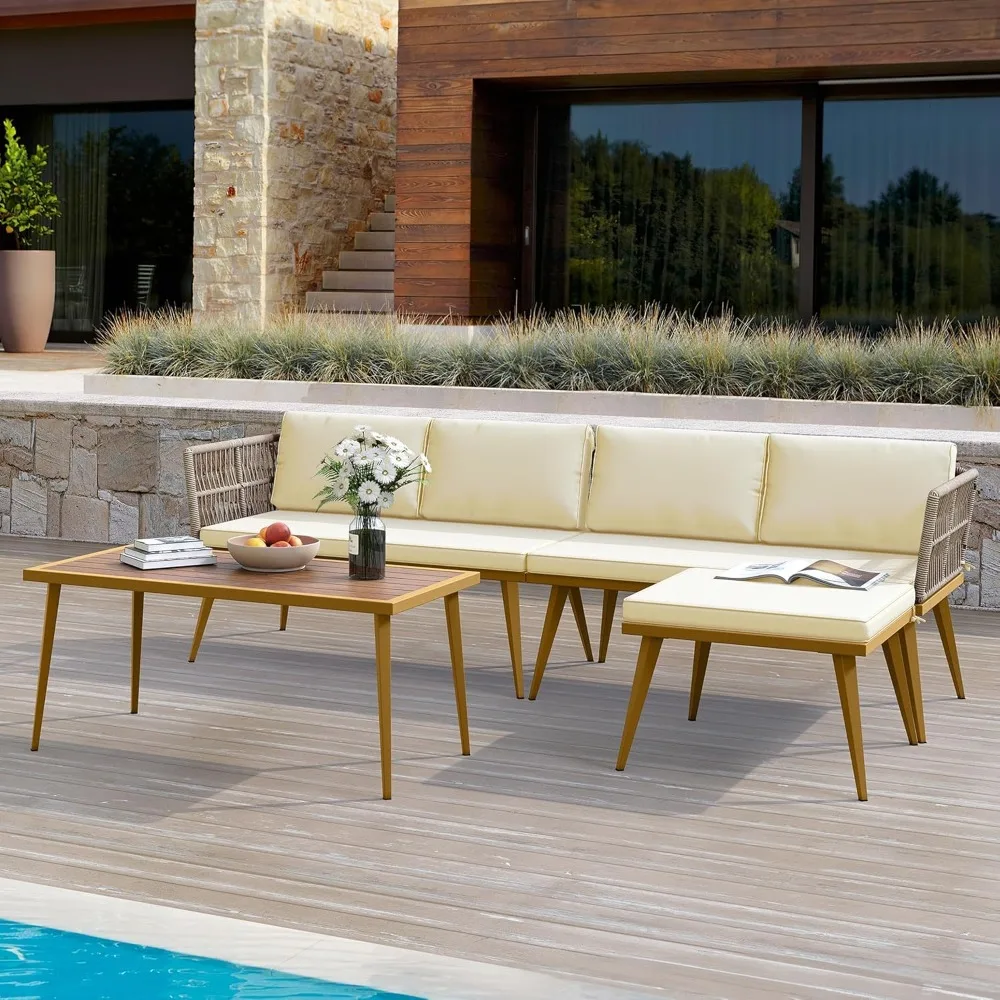 

4 Pieces Patio Furniture Set, Outdoor Rattan Woven Conversation Sectional L-Shaped Sofa for Backyard, Porch, Boho Detac
