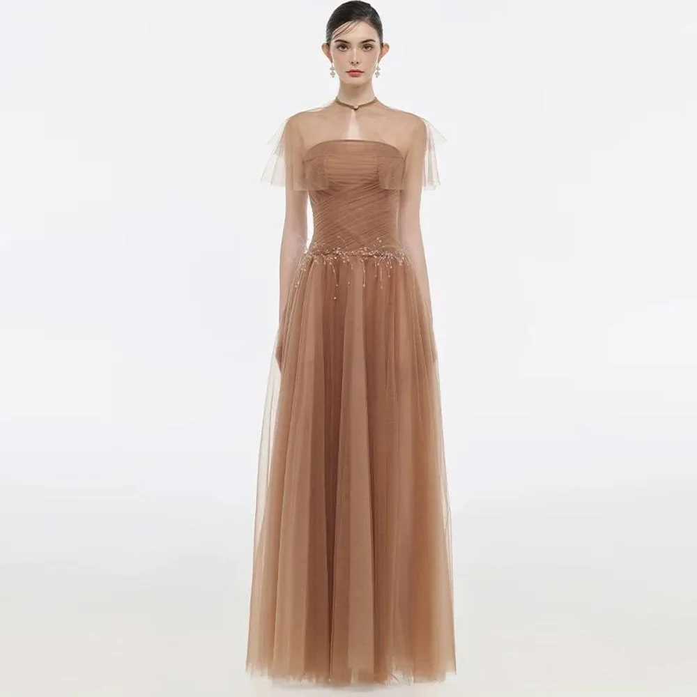 

Modern Sleeveless Tulle A-Line Evening Dress Customized Strapless Prom Dresses Beading Zipper Back Bespoke Occasion Gowns