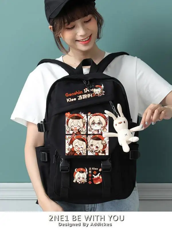 Genshin Impact Fanart Klee Zhongli Scaramouche Alhaithen Elementary Double Shoulder Bag Backpack For Female Middle School A