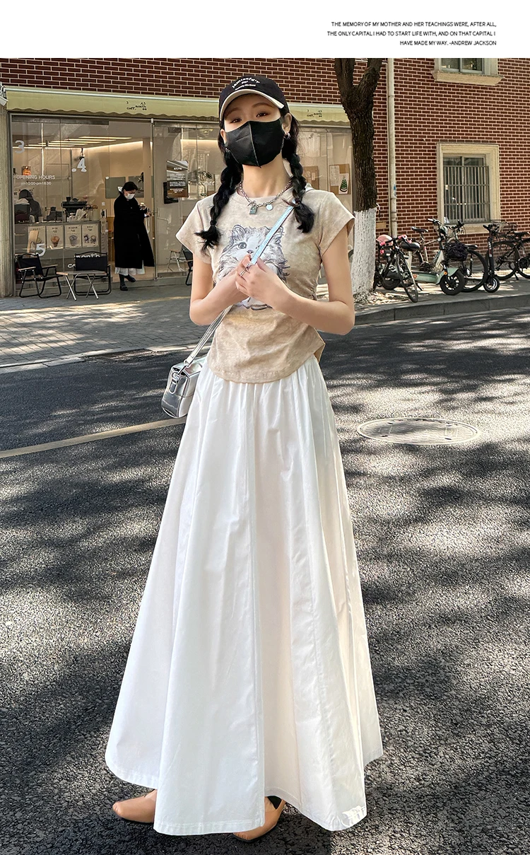 Spring Summer Women Black White Elegant Oversized Long Skirt French Fashion Brown High Waist Vacation Pleated Half Skirt Popular