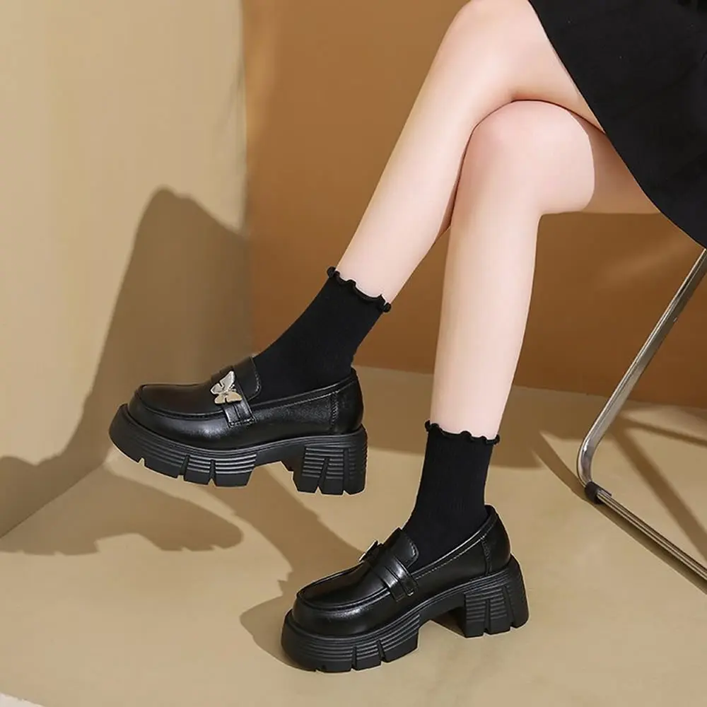

Thick Bottom Slip-On Loafers Women's Butterfly Knot Pearl Black Flat Heel Fashionable British Style round Toe Casual Shoes