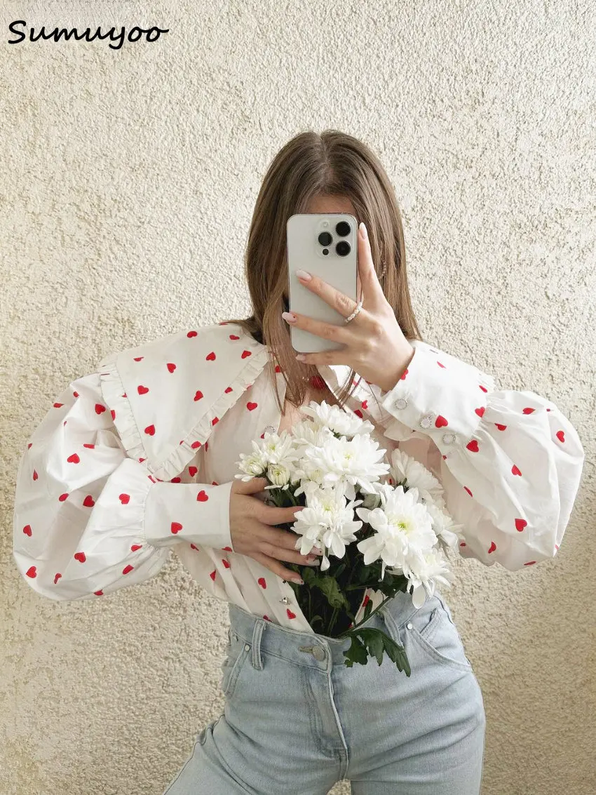 

Sumuyoo Big Peter Pan Collar Ruffle Womens Blouse Heart Print Long Sleeve Cotton Shirts Tops Female Spring Summer Frill Shirt