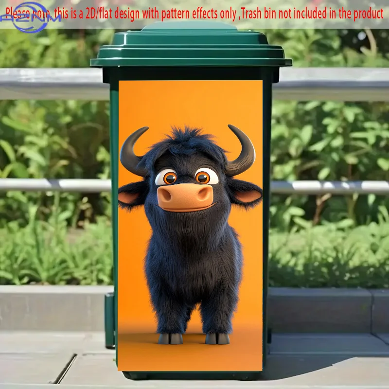 1pc 2D/FLAT, Self-Adhesive Dustbin Stickers, .01*cm, Fluffy Black Yak on an Orange Background—Ideal for Kid-Friendly Or Rustic