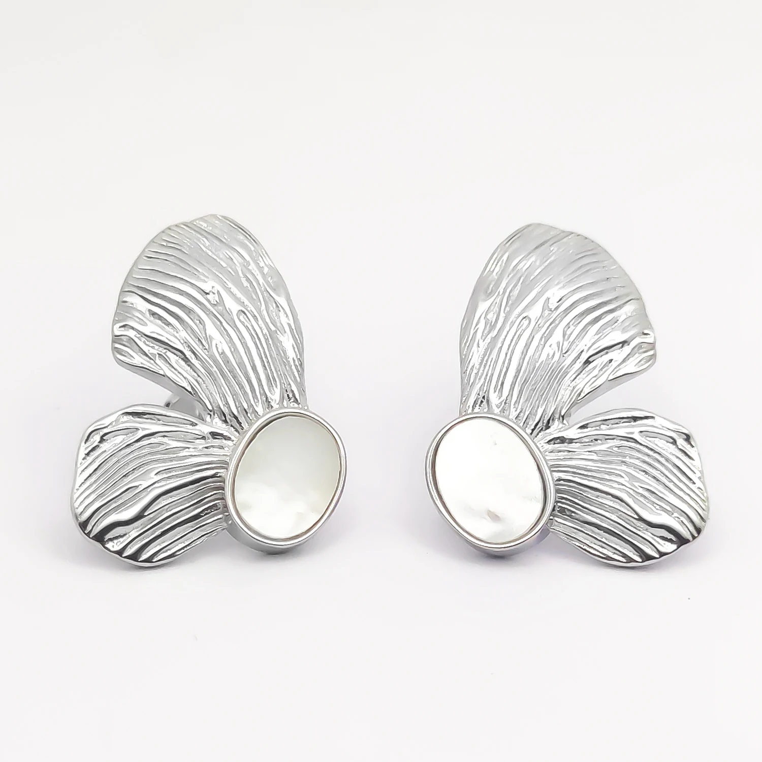 HESHI 925 Sterling Silver White Irregular Textured Wings Shell Inlay Earrings for Woman Large Beautiful Jewelry