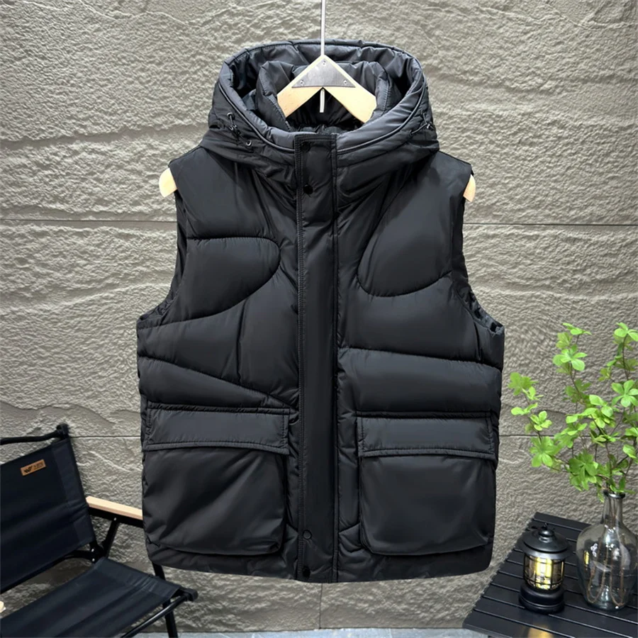 Green Men's Hooded Vest 2025 Winter Warm Waistcoat Men Cotton Padded Sleeveless Jackets with Big Pockets Black Thick Coat