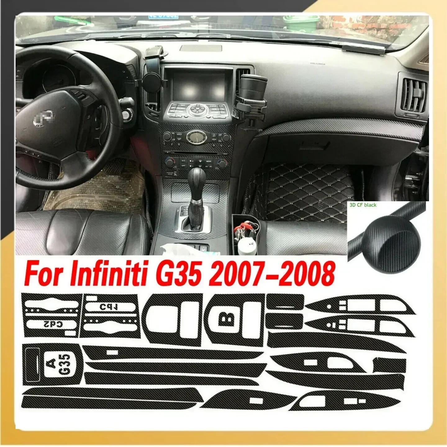 LHD For Infiniti G35 2007-2008 3D Carbon Fiber Pattern Interior DIY Trim Decals Stickers Kit/set  Waterproof Sunscreen Car Parts