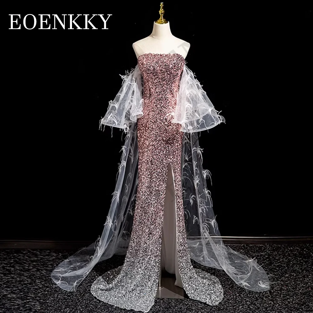 Robe de Soirée de Forme Sirène à Paillettes et Col Bateau, Tenue de Mariage avec Poignées en Plumes et Traîne Amovible Robe de soirée sirène scintillante  Plumes Train détachable Robe de mariage fendue et pailletée Rob