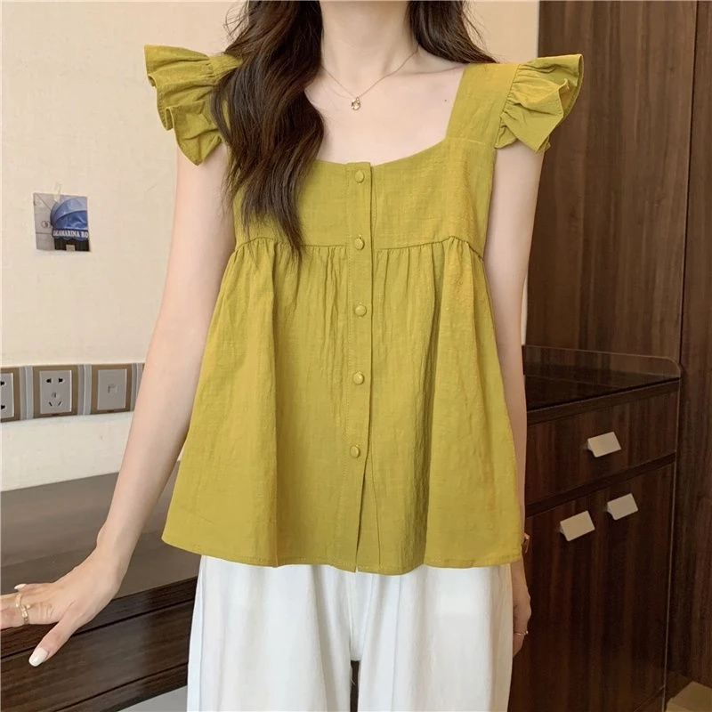 بلا أكمام البساطة الكشكشة فضفاضة الحلو بلوزة الصيف جديد الصلبة الشباب كل مباراة الكورية قميص بلايز موضة ملابس النساء كسول #1