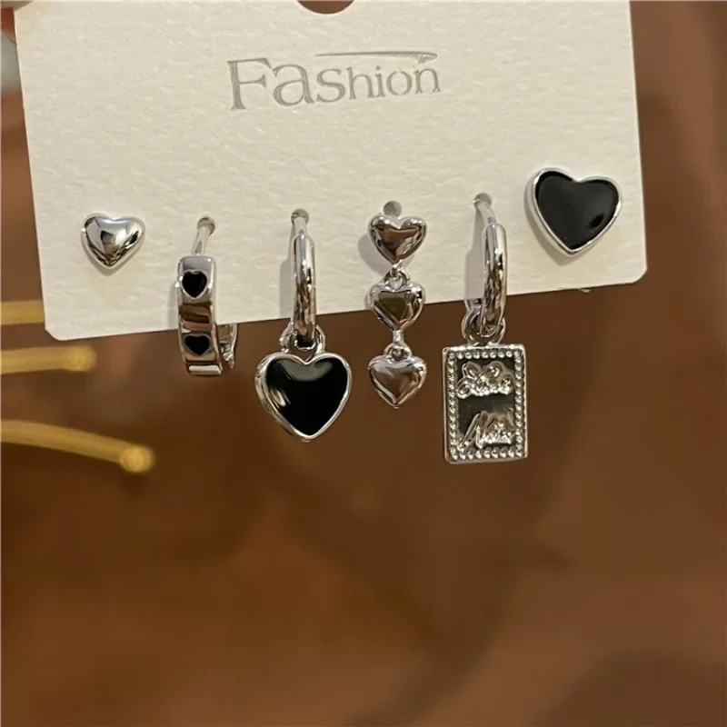 6PCS Vintage Goth Black Heart Stud Earrings Set for Women Geometry Square Dangle Hoop Earring Wedding Jewelry Accessories Gift