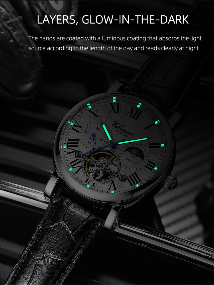 Fashion Chenxi Top Brand Mens Tourbillon Automatic Clock For Men Business Genuine Leather Waterproof Mechanical Wrist Watches