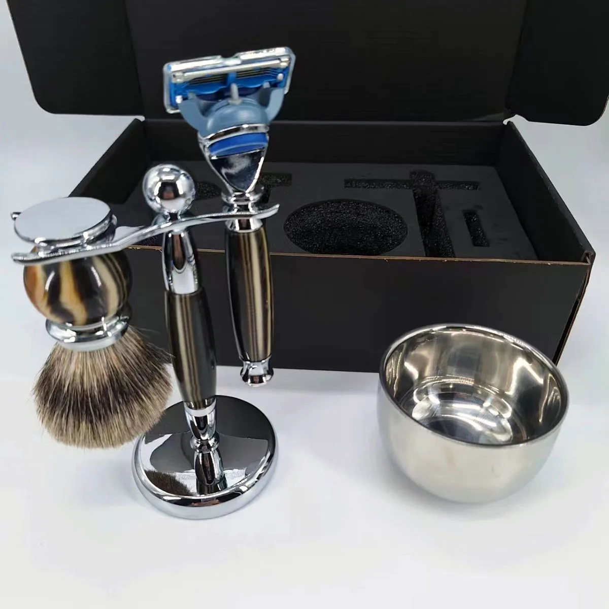 iRAZOR Luxury 5 Layers F5 Fusion Razor Shaving Kit for Men with Bowl and Silvertip Badger Hair Brush Stand Grooming Tool Gift