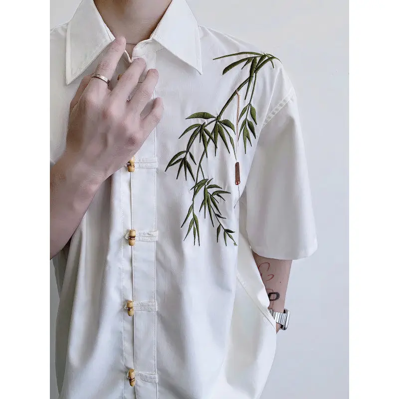 

Летняя новинка: рубашка в китайском стиле с коротким рукавом, вышивкой бамбуковых листьев, повседневный дизайн, с пуговицами в виде бамбуковых узлов, белая, модная
