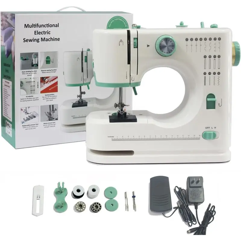 16-stitch sewing machine, portable double-thread twin-needle sewing machine, adjustable speed, foot pedal and quick spool placem