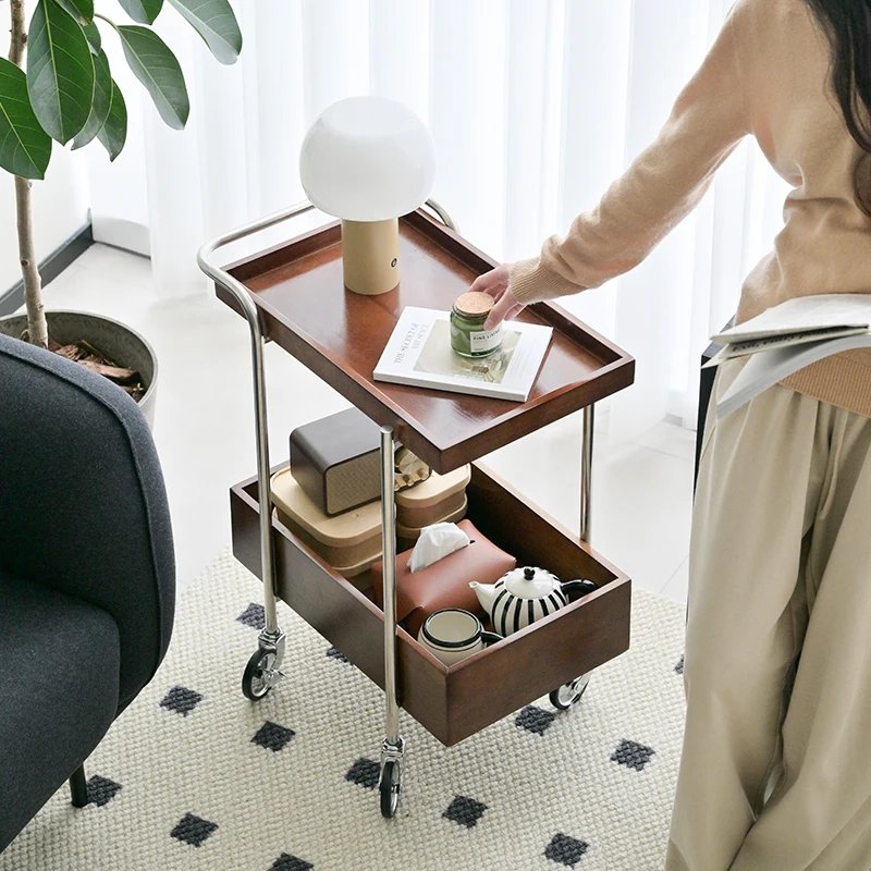 Retro Solid Wood Trolley Cart Space-Saving Corner Organizer Portable Display Ledge Antique Tea Table