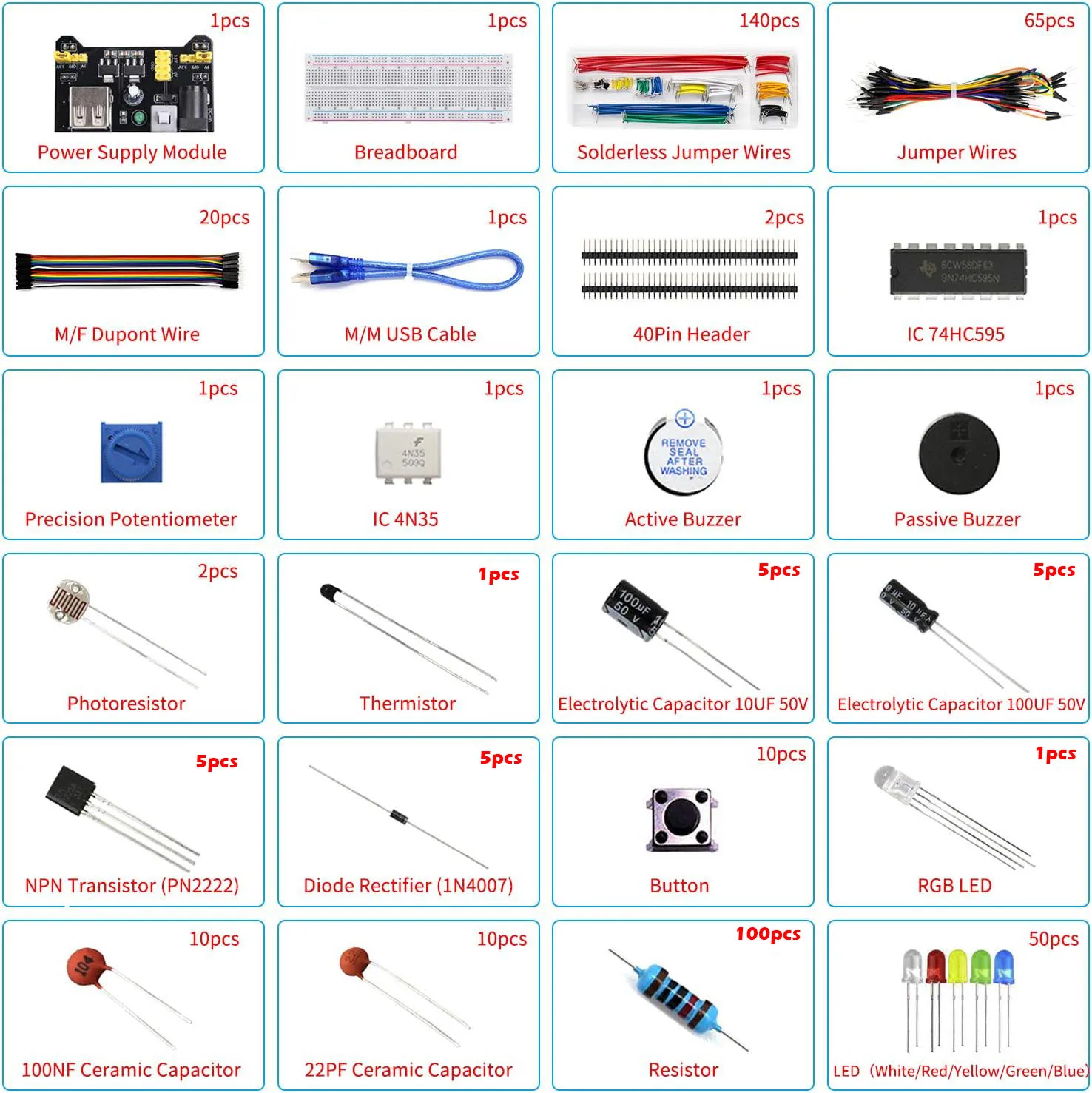 Electronics Starter Kit w/Power Supply, Breadboard, Jumper Wires, Resistors & Potentiometer - for Arduino, Raspberry Pi 5, STM32